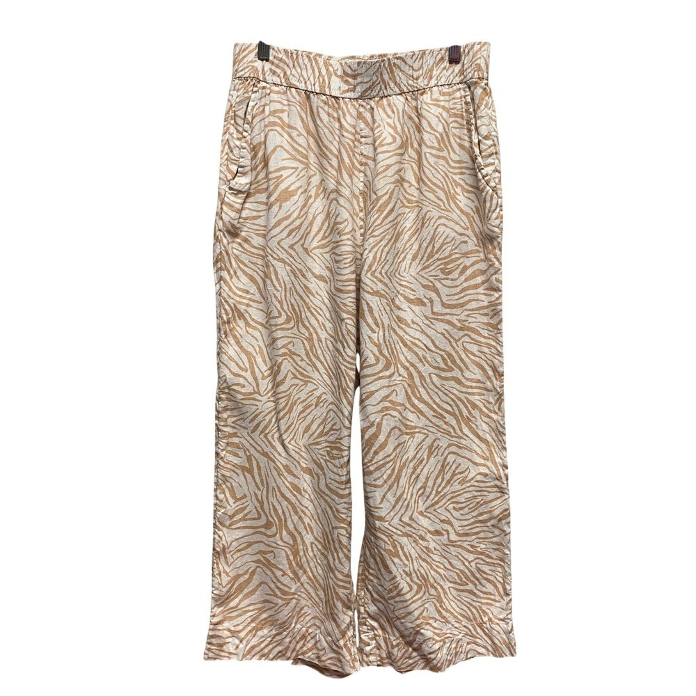 Nicole Miller 100% Linen Large Pants Zebra Print Wide Leg Elastic Waist Beachy